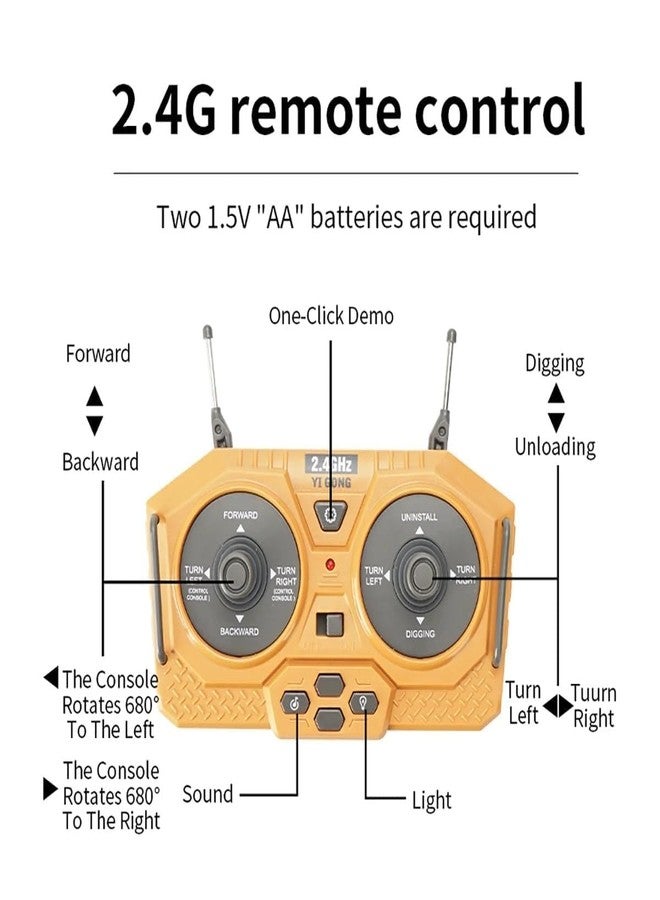 Mossio 2.4Ghz Remote Control Excavator Toy for 6-12 Yr Boys, Best Birthday Gifts for Kids 7 8 9 10 11 Year Old, Rc Construction Toys with Metal Shovel, Lights, Sounds,Smoke, Multi Color - Image 5